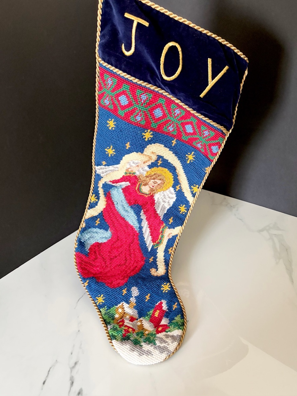 Angel "Joy" Holiday Needlepoint Stocking